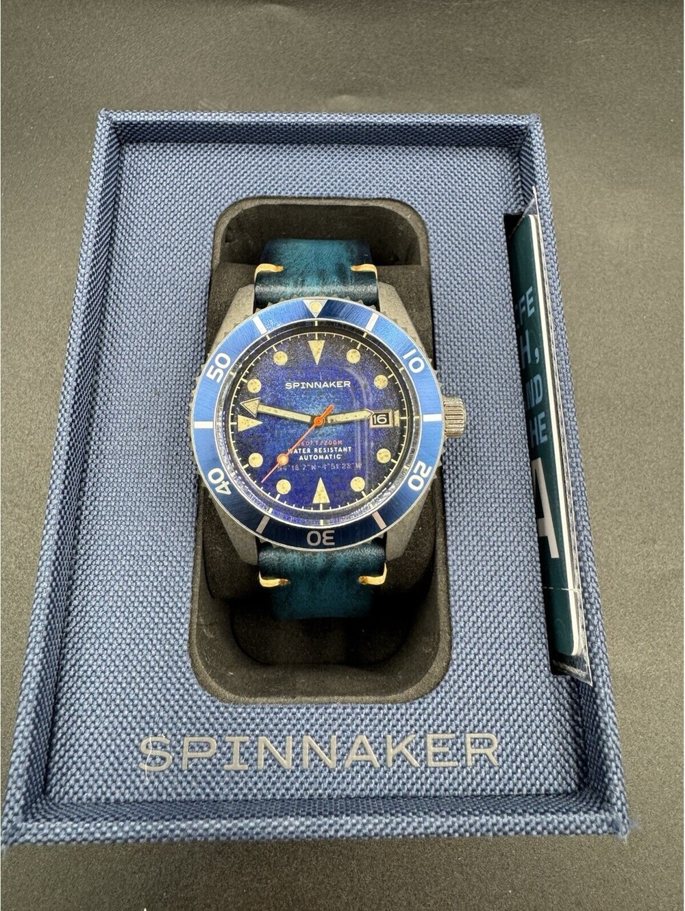 Spinnaker Wreck Auto Diver Oxidized Blue Leather Strap 44mm Watch Near Mint Cond